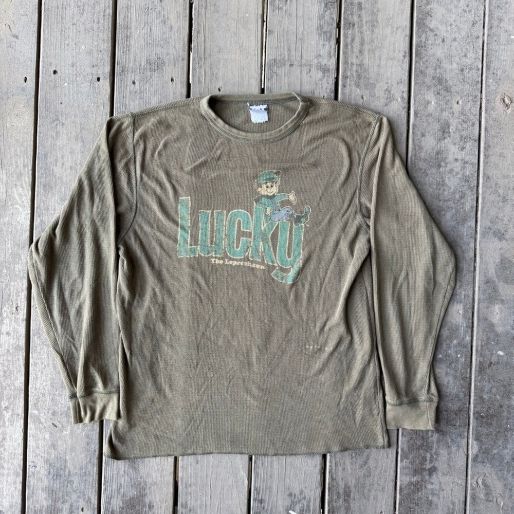 TNT Lucky The Leprechaun Thermal Shirt Olive Green Waffle Knit Long Sleeve